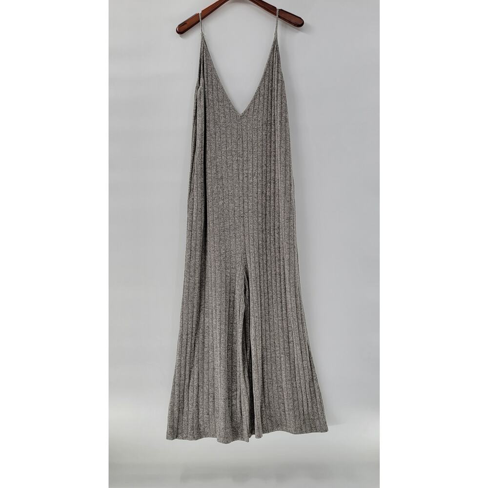 Mina Lisa Jumpsuit Womens L Gray Ribbed Wide Leg Baggy Oversized Stretchy Lounge